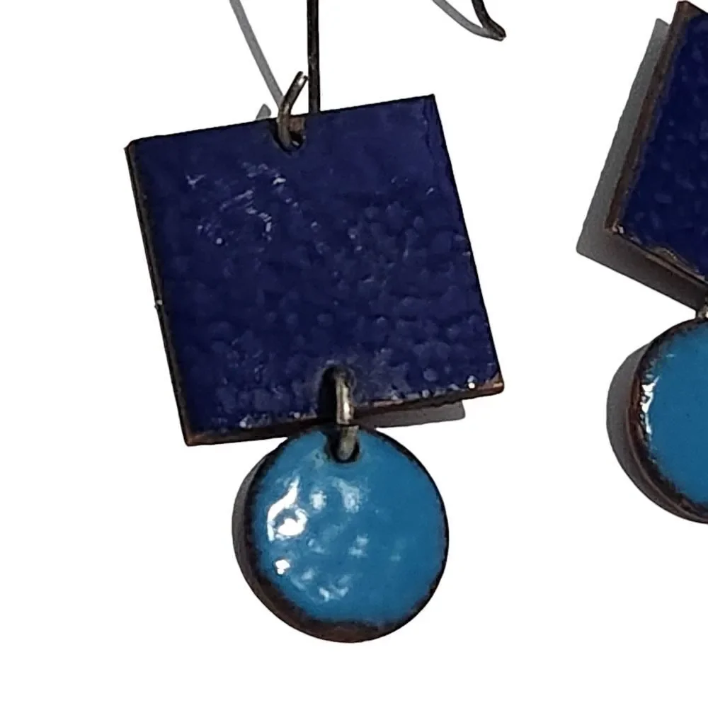 Pair of Earrings Copper Squares Drop Circle Glazed Blue Front